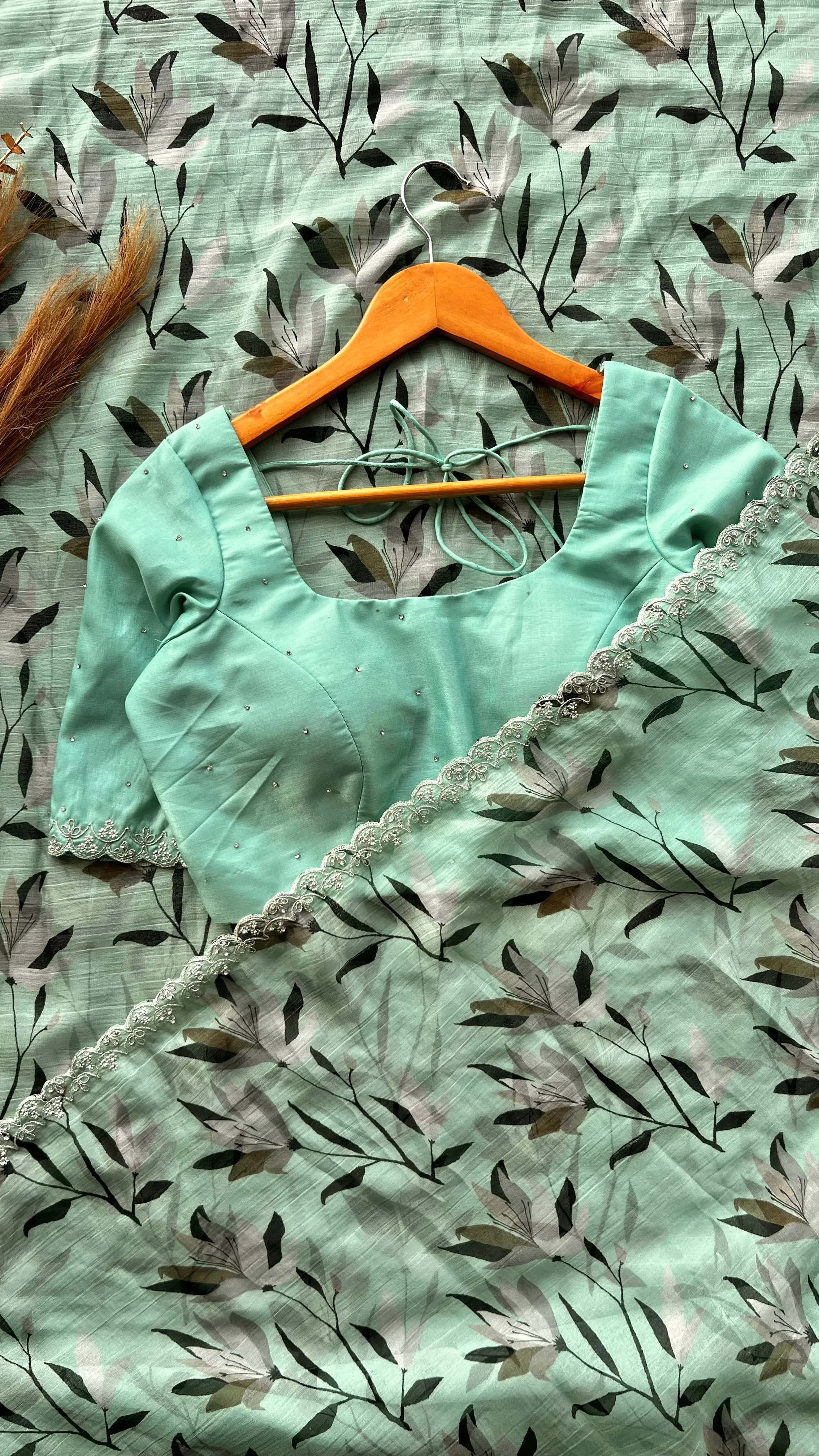 Cyan blue chiffon saree with hand worked blouse