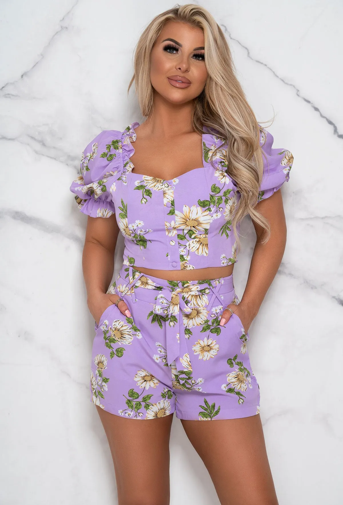Daisy Daydream Lilac Puff Sleeve Floral Co-Ord Set