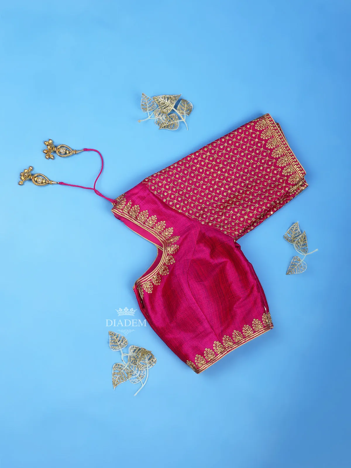 Dark Pink Silk Readymade Blouse Adorned with Embroidery Designs