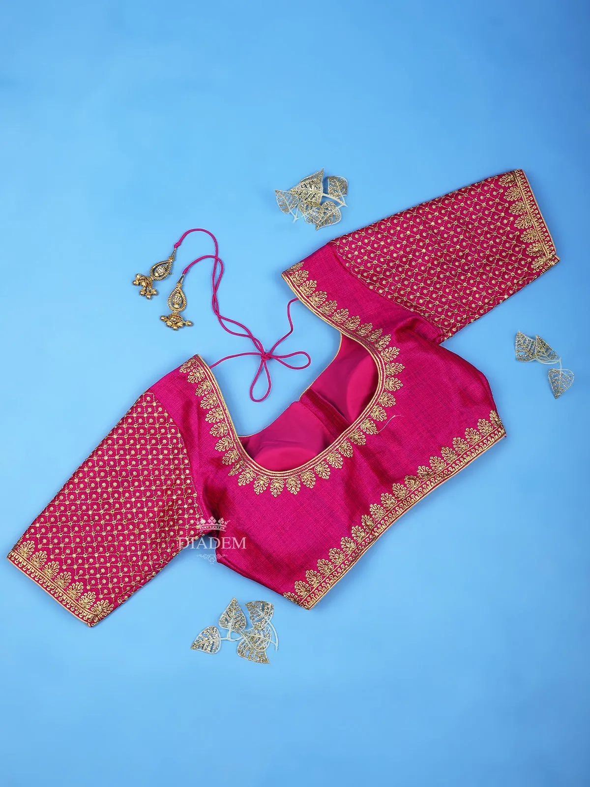 Dark Pink Silk Readymade Blouse Adorned with Embroidery Designs