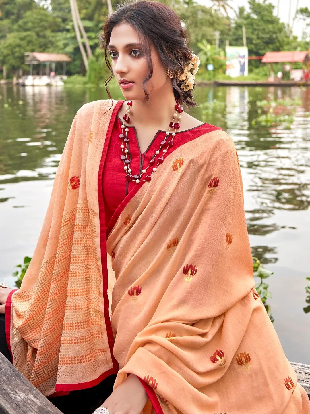Designer Light Orange Printed Chiffon Saree for Women With Blouse