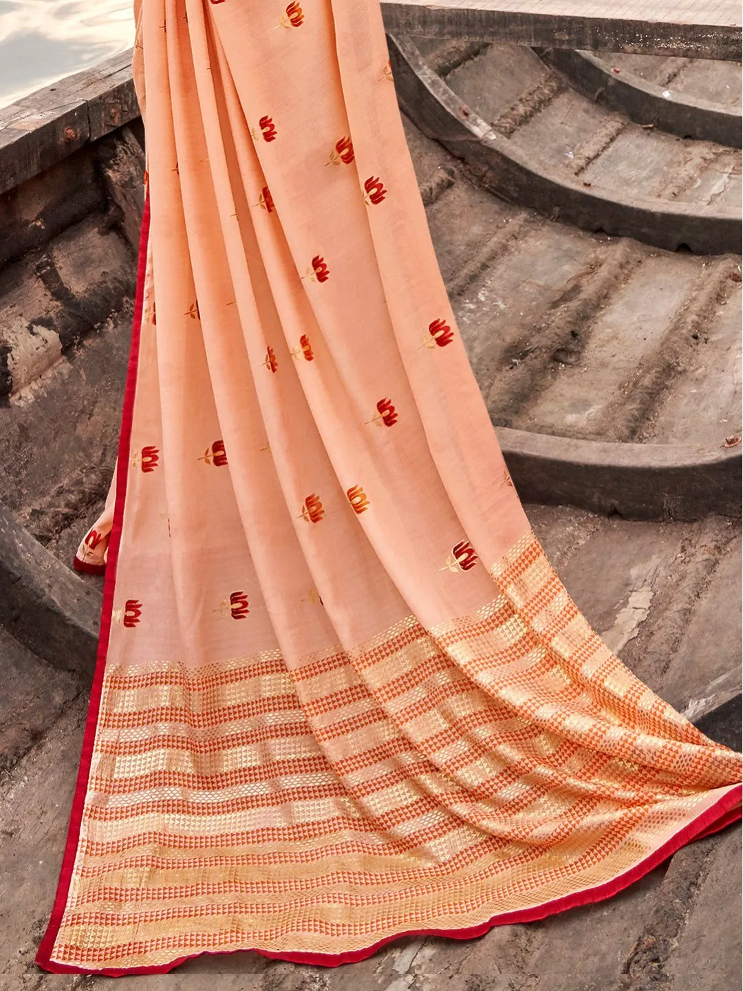 Designer Light Orange Printed Chiffon Saree for Women With Blouse