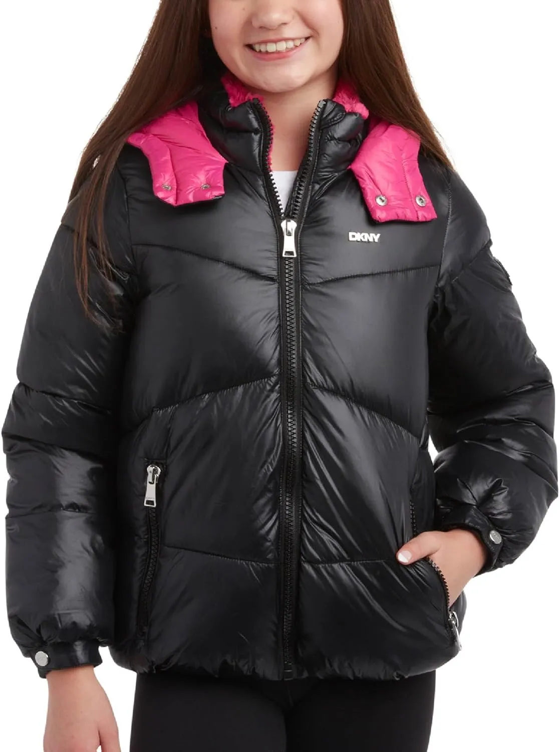 DKNY Girls' Puffer Jacket - Heavyweight Faux Fur Lined Winter Jacket with Hood - Warm Outerwear Jackets for Girls (7-16)