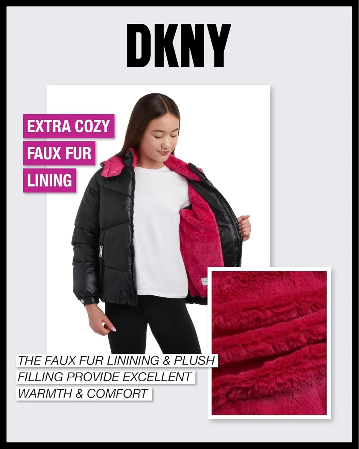 DKNY Girls' Puffer Jacket - Heavyweight Faux Fur Lined Winter Jacket with Hood - Warm Outerwear Jackets for Girls (7-16)