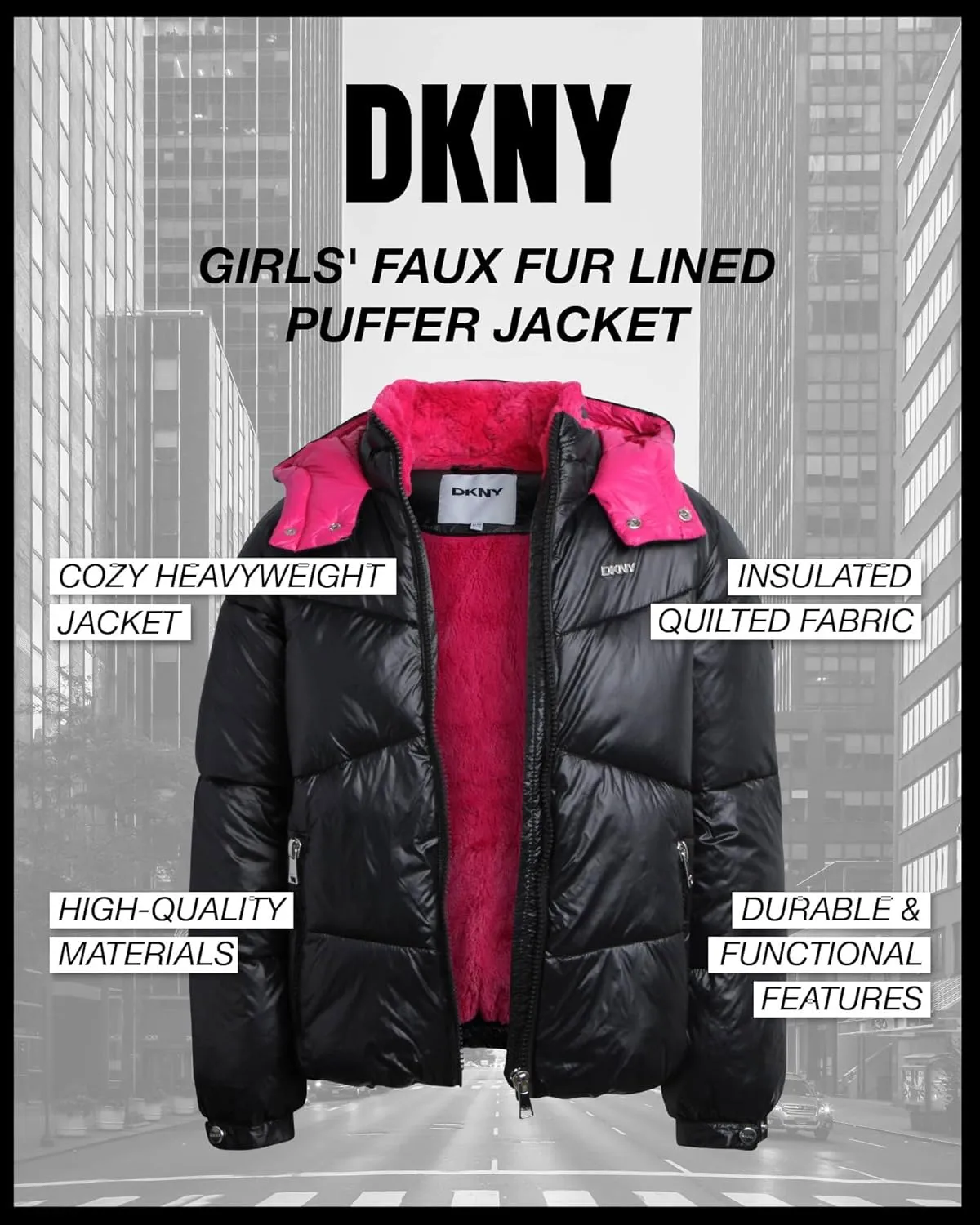 DKNY Girls' Puffer Jacket - Heavyweight Faux Fur Lined Winter Jacket with Hood - Warm Outerwear Jackets for Girls (7-16)