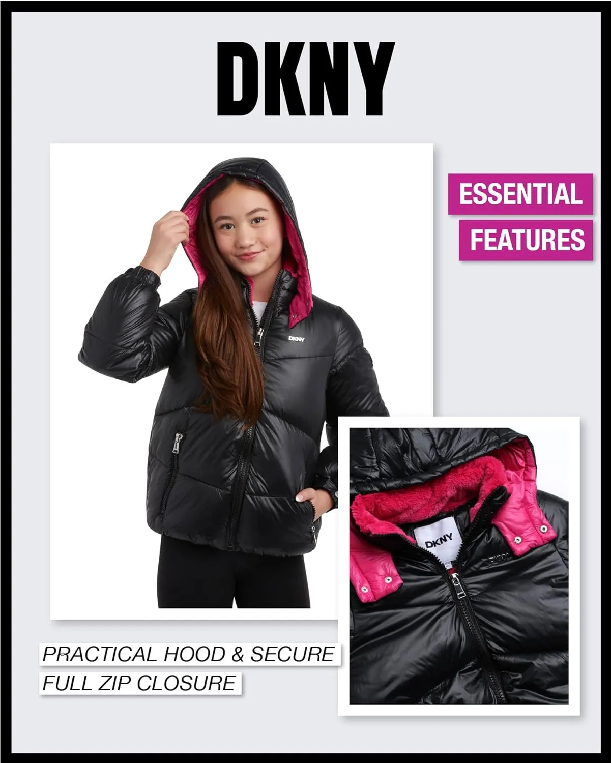 DKNY Girls' Puffer Jacket - Heavyweight Faux Fur Lined Winter Jacket with Hood - Warm Outerwear Jackets for Girls (7-16)