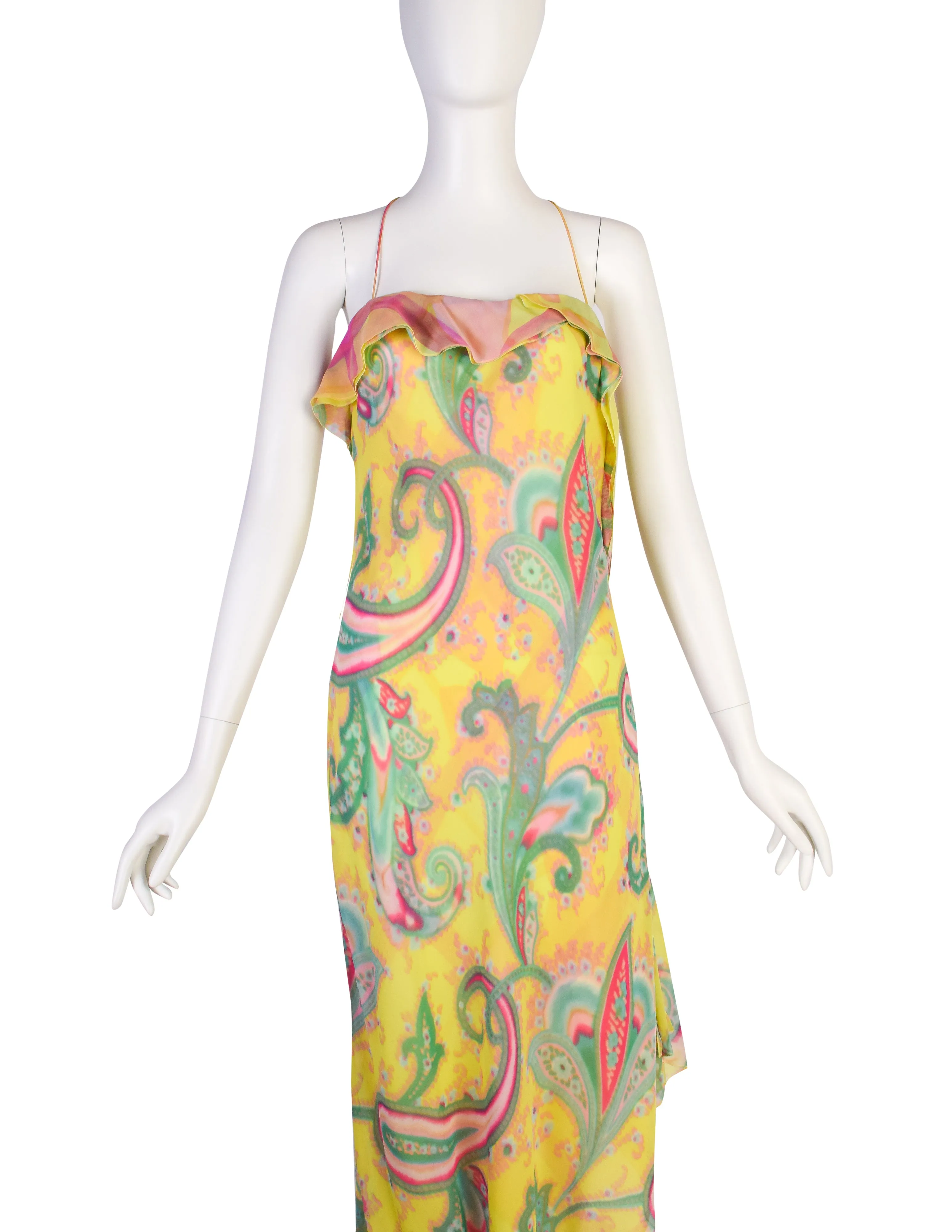 Emanuel Ungaro Vintage SS 2000 Silk Chartreuse Airbrush Paisley Bias Asymmetrical Dress