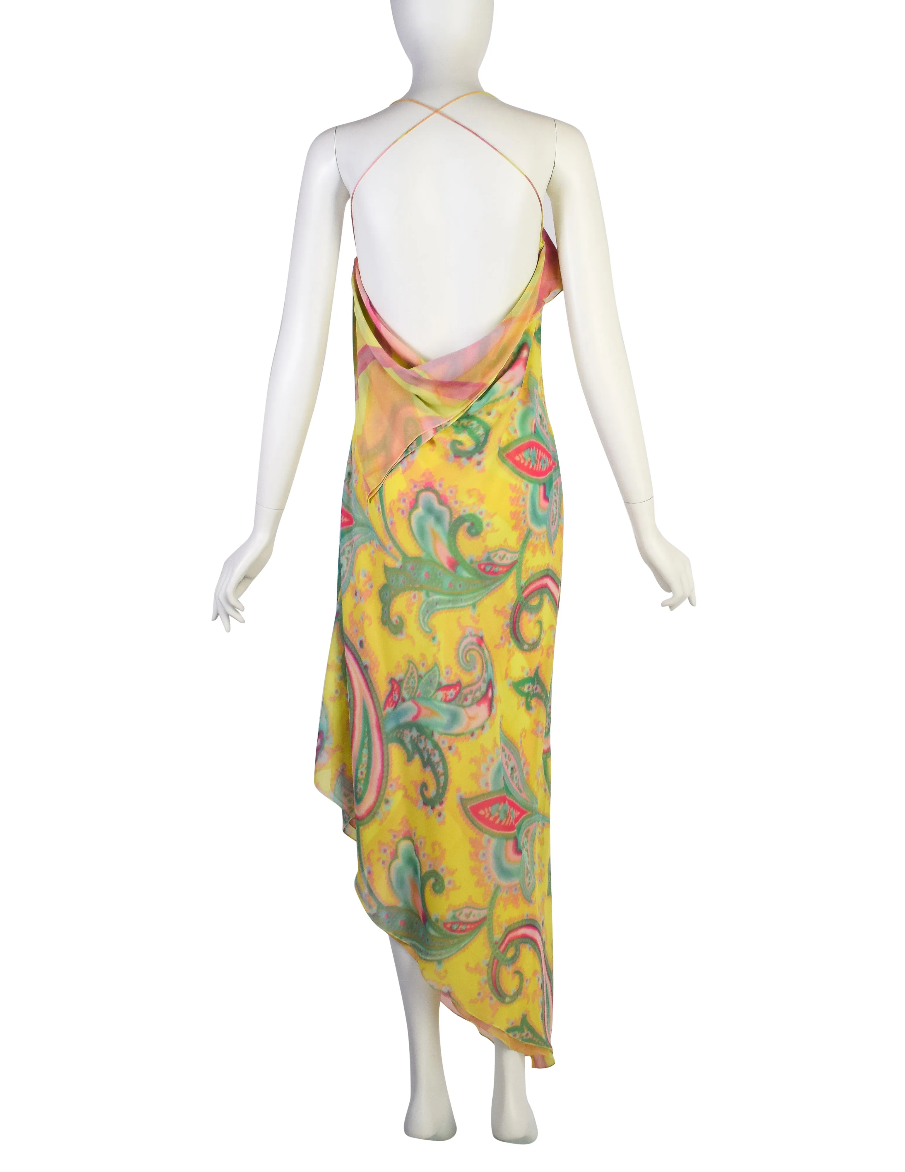 Emanuel Ungaro Vintage SS 2000 Silk Chartreuse Airbrush Paisley Bias Asymmetrical Dress