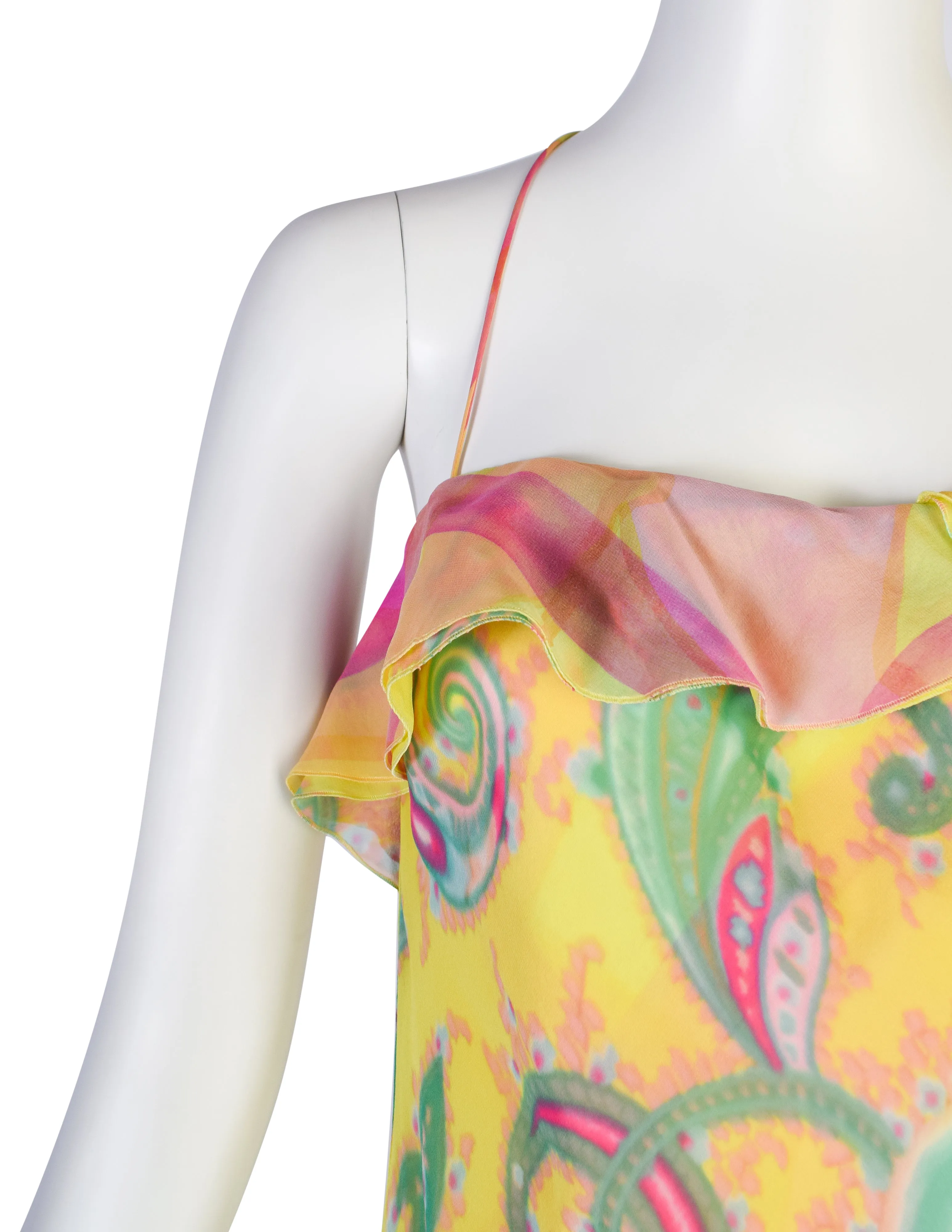 Emanuel Ungaro Vintage SS 2000 Silk Chartreuse Airbrush Paisley Bias Asymmetrical Dress
