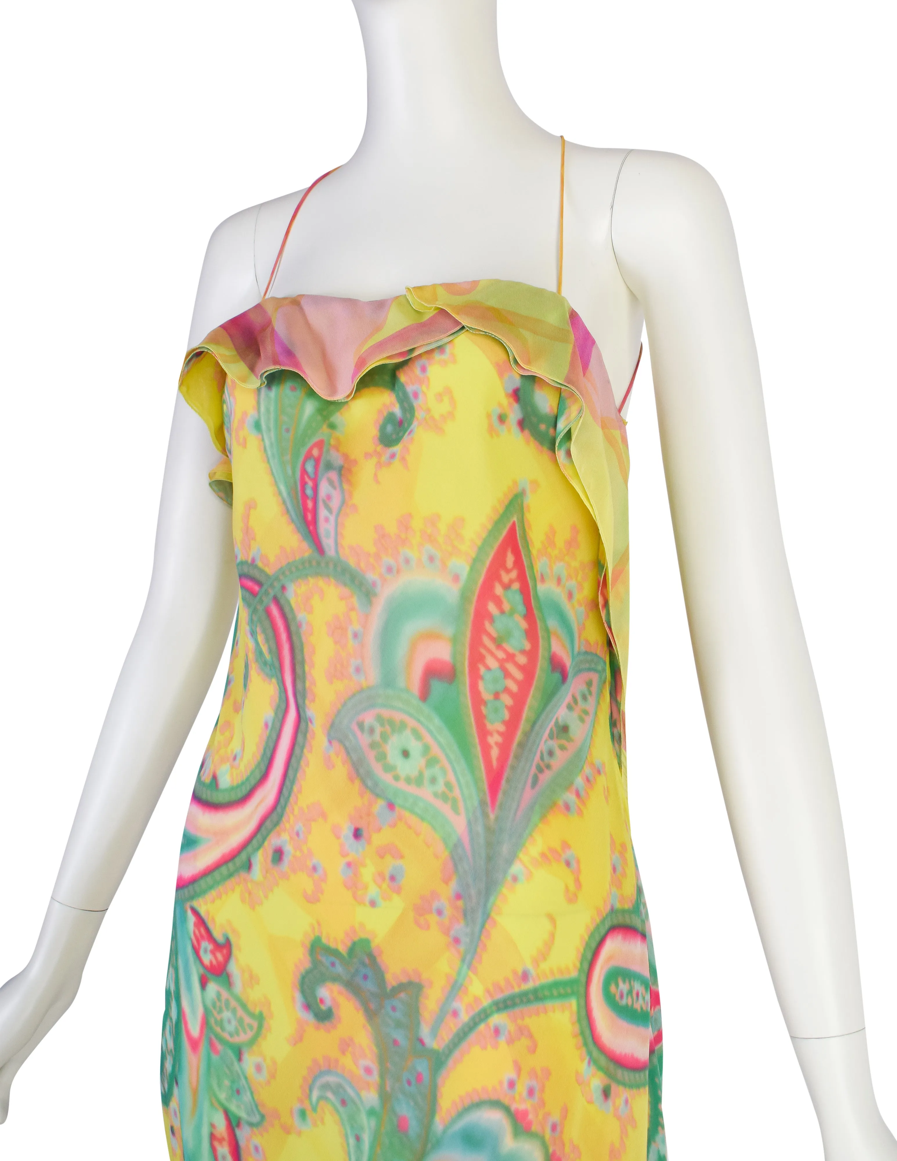 Emanuel Ungaro Vintage SS 2000 Silk Chartreuse Airbrush Paisley Bias Asymmetrical Dress