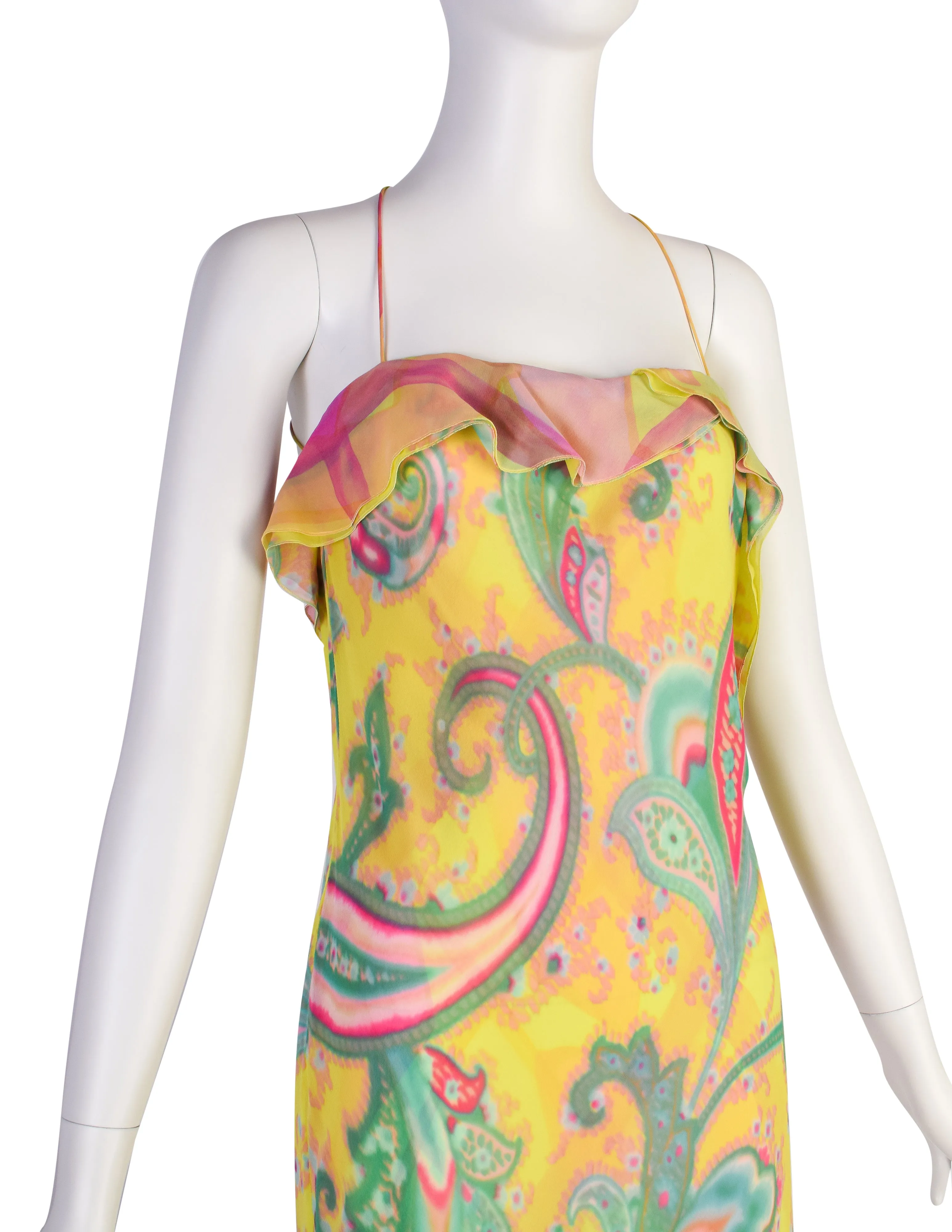 Emanuel Ungaro Vintage SS 2000 Silk Chartreuse Airbrush Paisley Bias Asymmetrical Dress