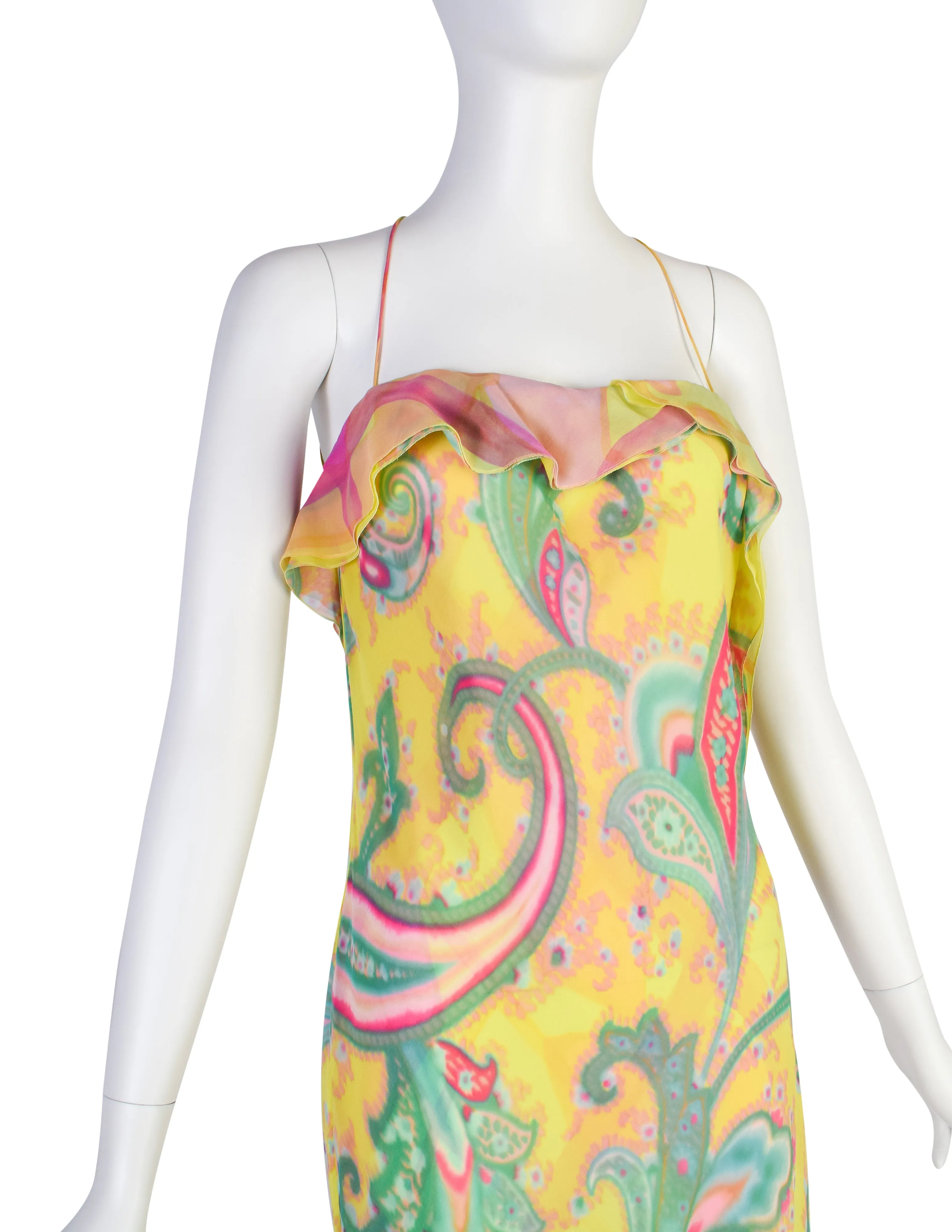 Emanuel Ungaro Vintage SS 2000 Silk Chartreuse Airbrush Paisley Bias Asymmetrical Dress