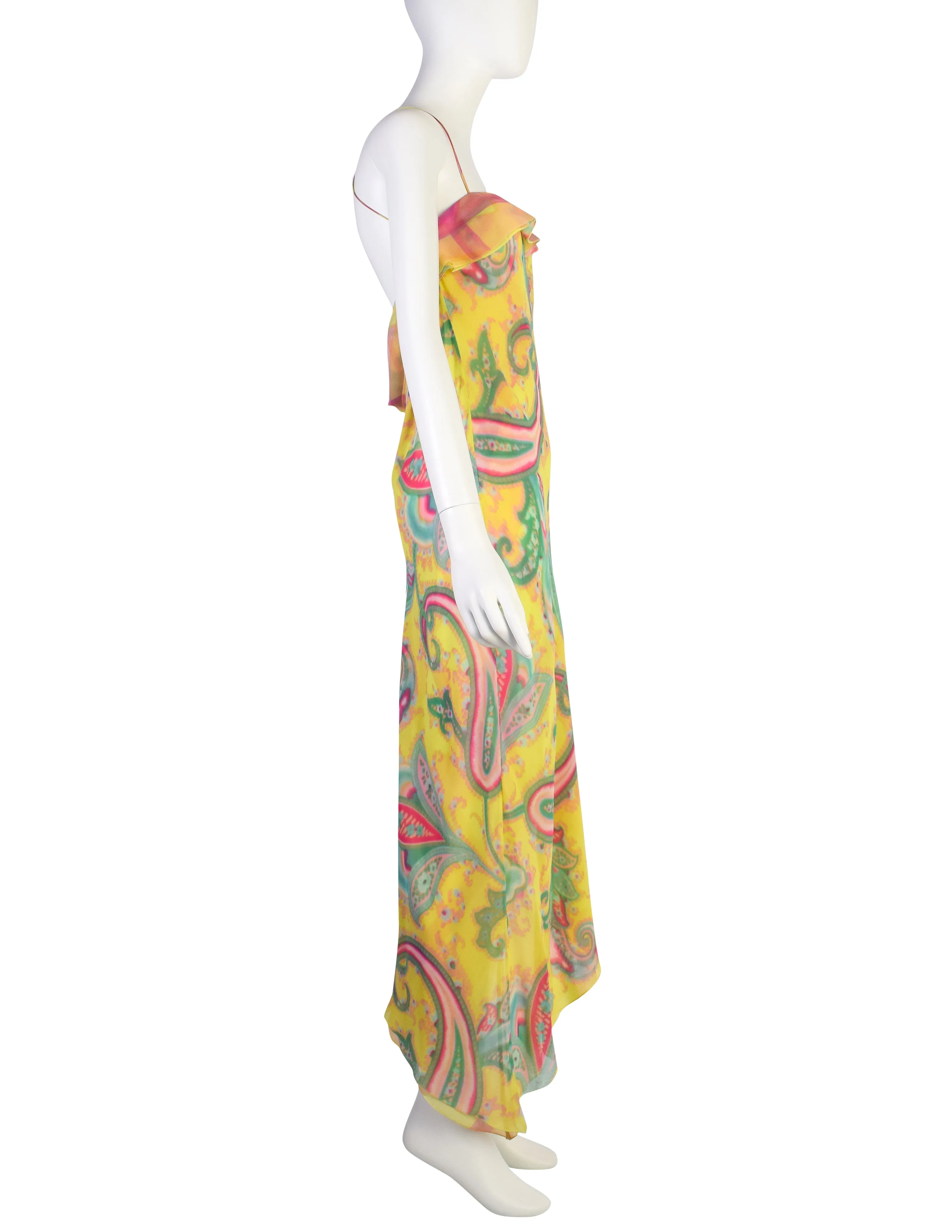 Emanuel Ungaro Vintage SS 2000 Silk Chartreuse Airbrush Paisley Bias Asymmetrical Dress