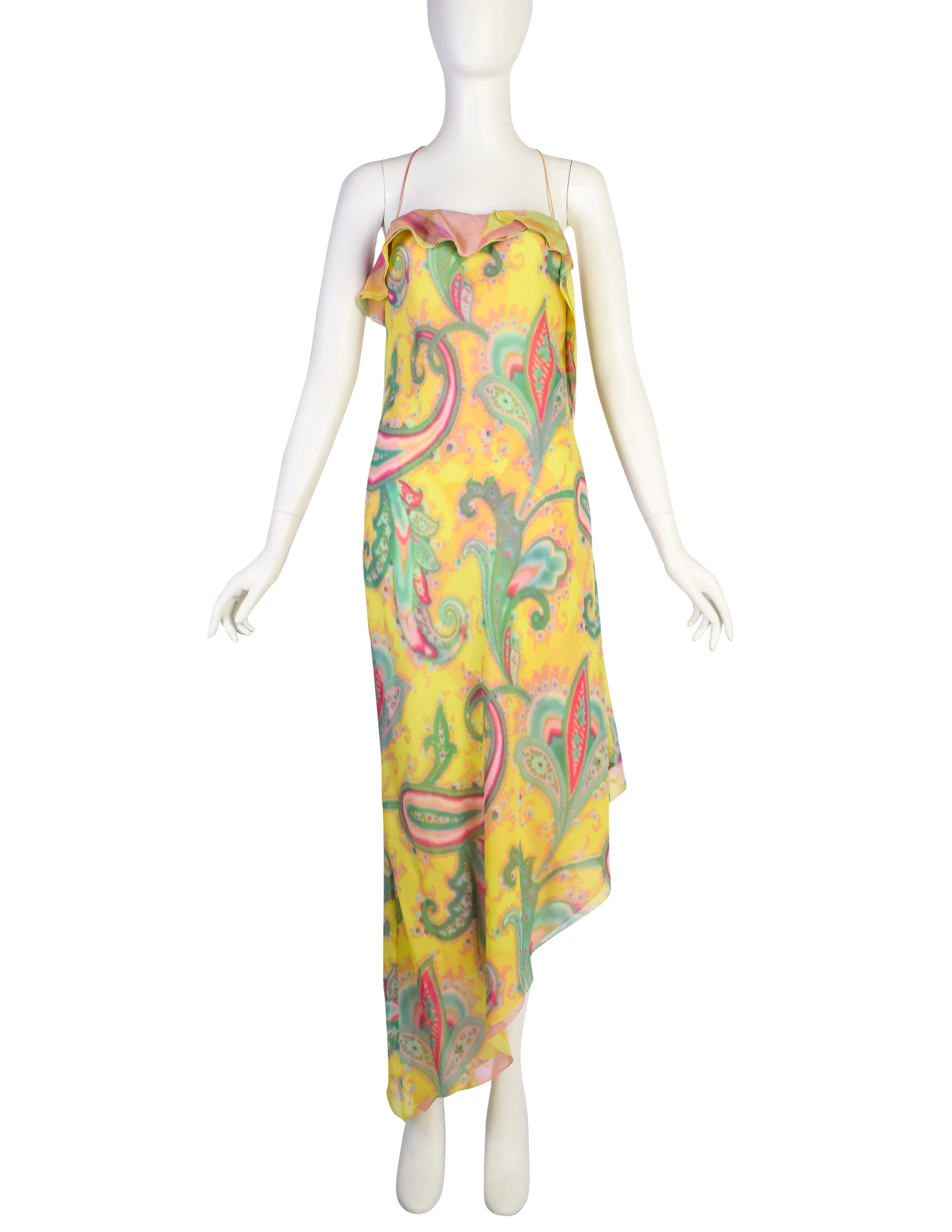 Emanuel Ungaro Vintage SS 2000 Silk Chartreuse Airbrush Paisley Bias Asymmetrical Dress