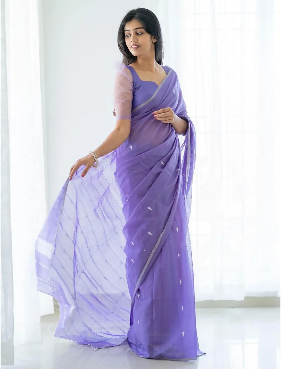 Excellent Lavendor Cotton Silk Saree With Woebegone Blouse Piece