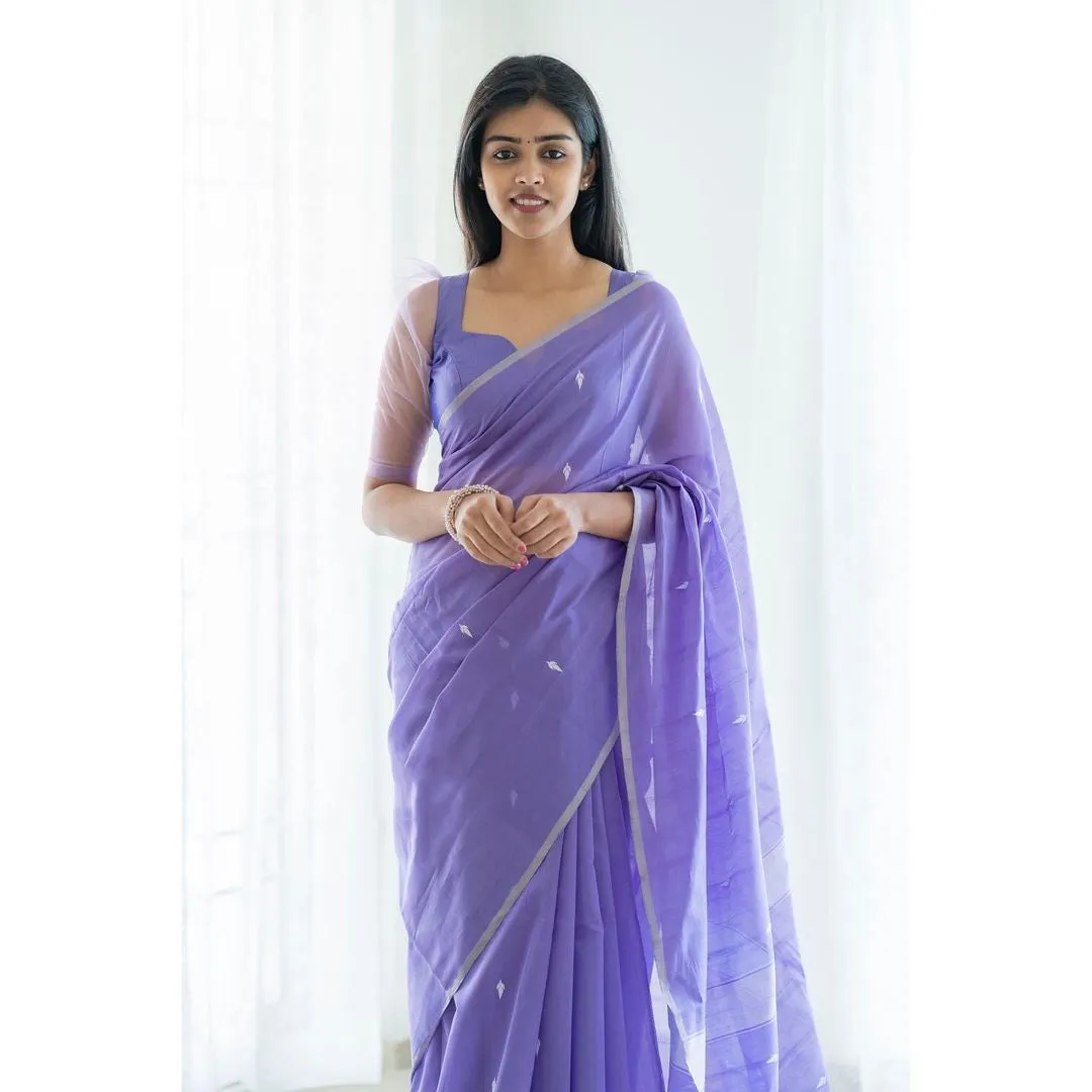 Excellent Lavendor Cotton Silk Saree With Woebegone Blouse Piece