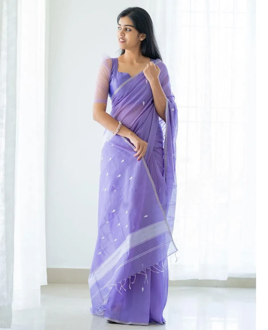 Excellent Lavendor Cotton Silk Saree With Woebegone Blouse Piece