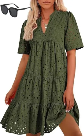 Eyelet Dress for Women 2025, Women's Elegant Hollow Out Lace Ruffle Casual Mini Dress, Summer Ruffle Hem Floral Lace Dresses