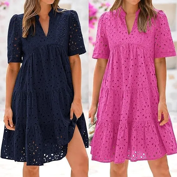 Eyelet Dress for Women 2025, Women's Elegant Hollow Out Lace Ruffle Casual Mini Dress, Summer Ruffle Hem Floral Lace Dresses