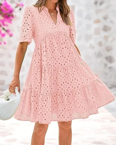 Eyelet Dress for Women 2025, Women's Elegant Hollow Out Lace Ruffle Casual Mini Dress, Summer Ruffle Hem Floral Lace Dresses