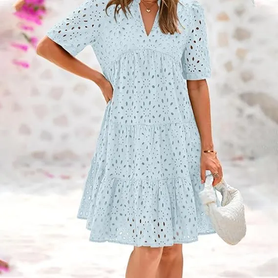 Eyelet Dress for Women 2025, Women's Elegant Hollow Out Lace Ruffle Casual Mini Dress, Summer Ruffle Hem Floral Lace Dresses