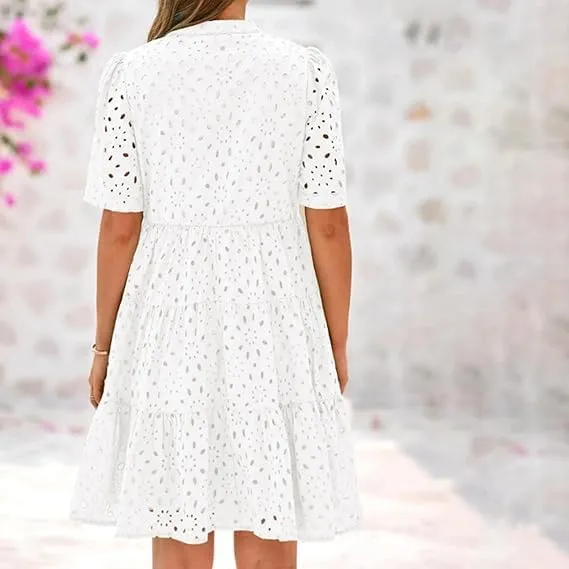 Eyelet Dress for Women 2025, Women's Elegant Hollow Out Lace Ruffle Casual Mini Dress, Summer Ruffle Hem Floral Lace Dresses