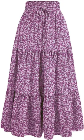 Floral Maxi Skirt Flowy Trendy Long Skirts for Women Boho High Waisted Swing A Line Tiered Casual Clothes