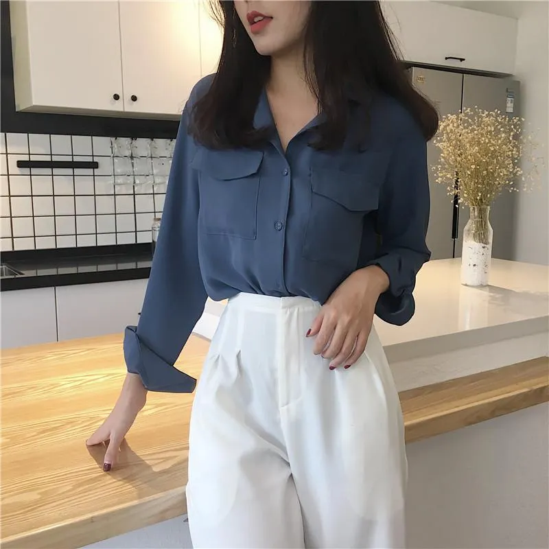 Front Pockets Chiffon Elegant Blue White Blouse
