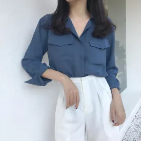 Front Pockets Chiffon Elegant Blue White Blouse