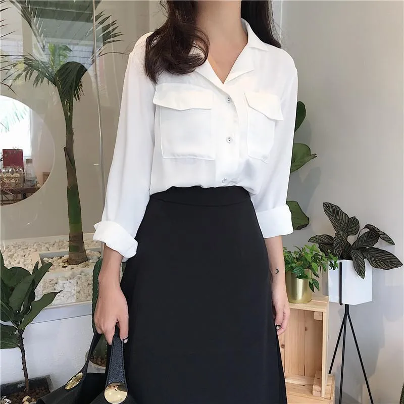 Front Pockets Chiffon Elegant Blue White Blouse