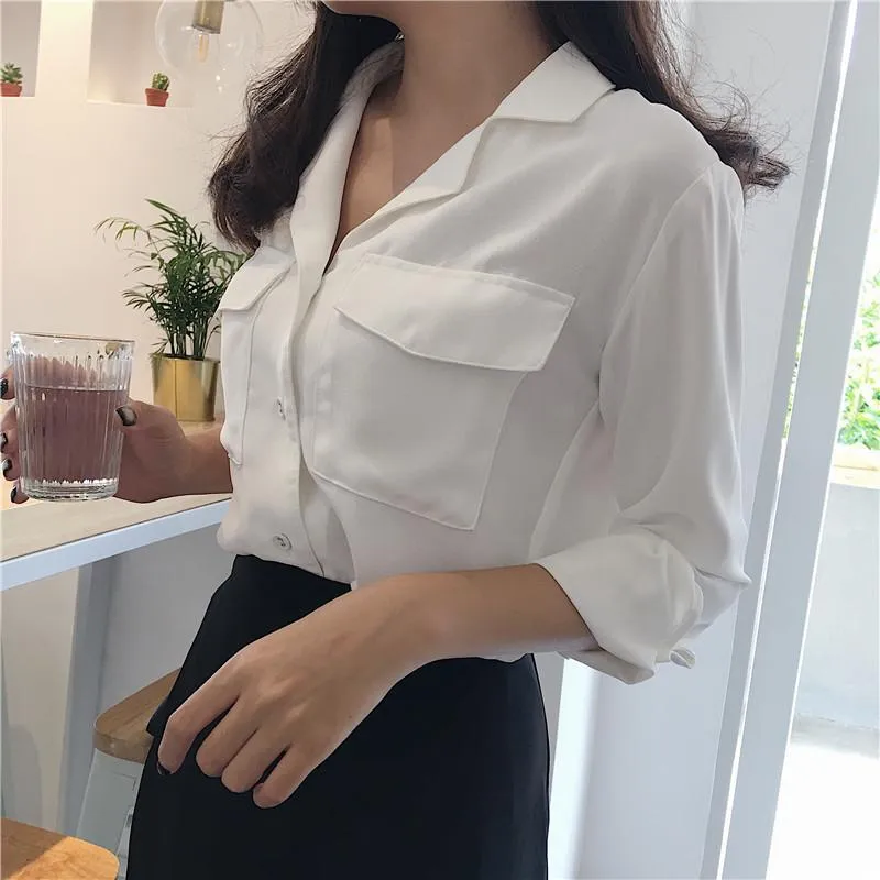 Front Pockets Chiffon Elegant Blue White Blouse
