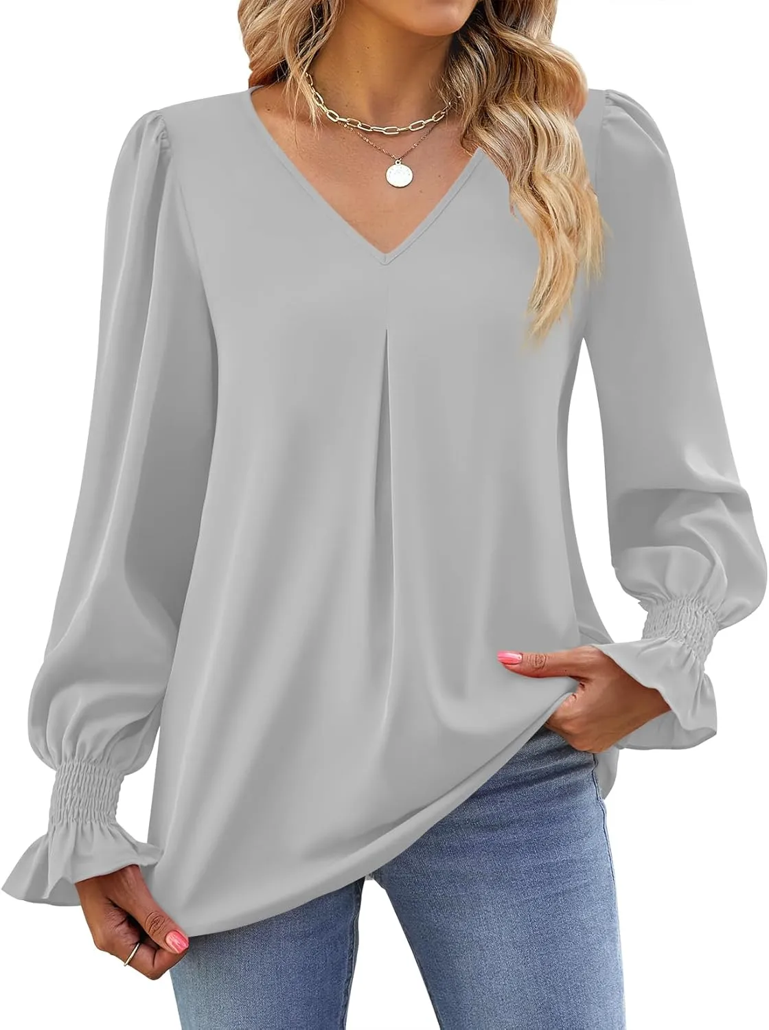 Funlingo Women's 2024 Long Sleeve Tops Dressy Casual V Neck Tunic Shirts Loose Chiffon Work Blouse