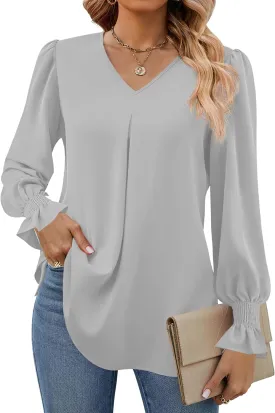 Funlingo Women's 2024 Long Sleeve Tops Dressy Casual V Neck Tunic Shirts Loose Chiffon Work Blouse
