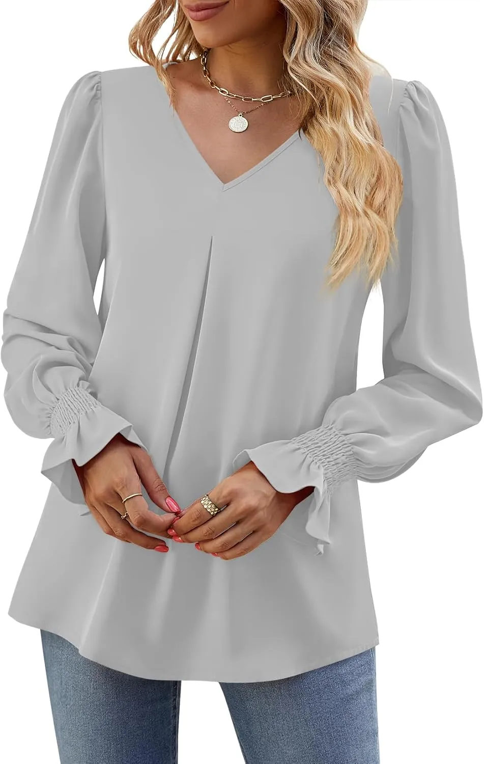 Funlingo Women's 2024 Long Sleeve Tops Dressy Casual V Neck Tunic Shirts Loose Chiffon Work Blouse