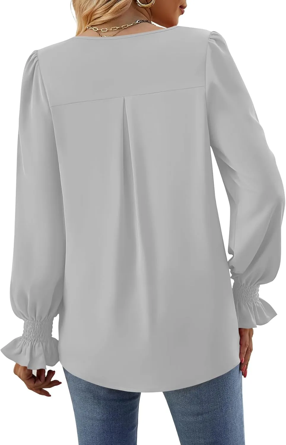 Funlingo Women's 2024 Long Sleeve Tops Dressy Casual V Neck Tunic Shirts Loose Chiffon Work Blouse