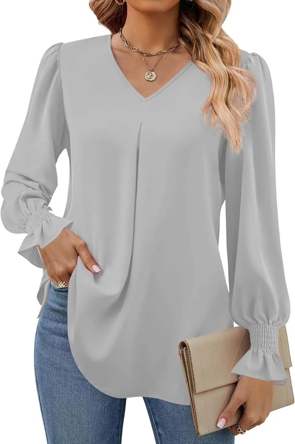 Funlingo Women's 2024 Long Sleeve Tops Dressy Casual V Neck Tunic Shirts Loose Chiffon Work Blouse