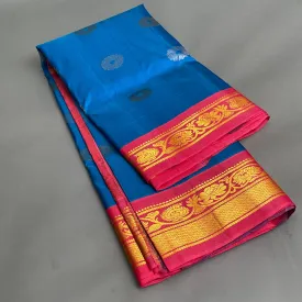 Gadwal Saree- Deep Blue and Pink W/ Gold Zari (Attached Blouse Material)