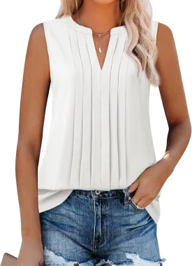 Gaharu Sleeveless Chiffon Tank Tops for Women Dressy V Neck Blouses Work Pleated Shirt