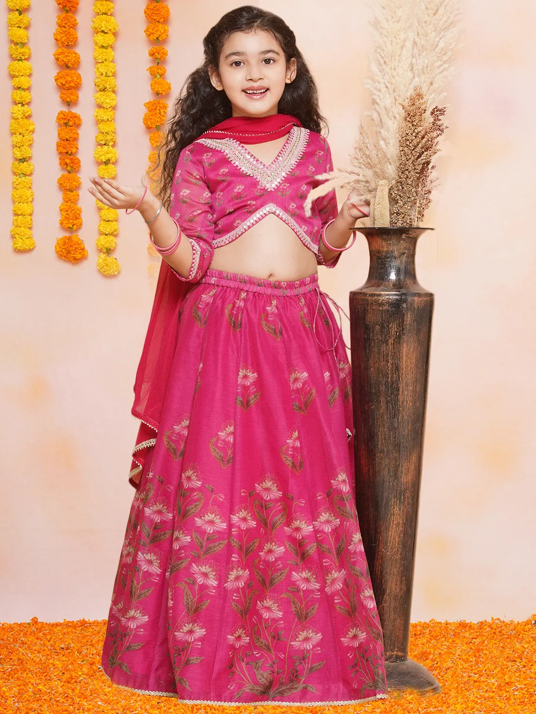 Girls Dark Pink Floral Printed Ready to Wear Lehenga & Blouse With Dupatta