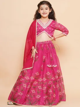Girls Dark Pink Floral Printed Ready to Wear Lehenga & Blouse With Dupatta