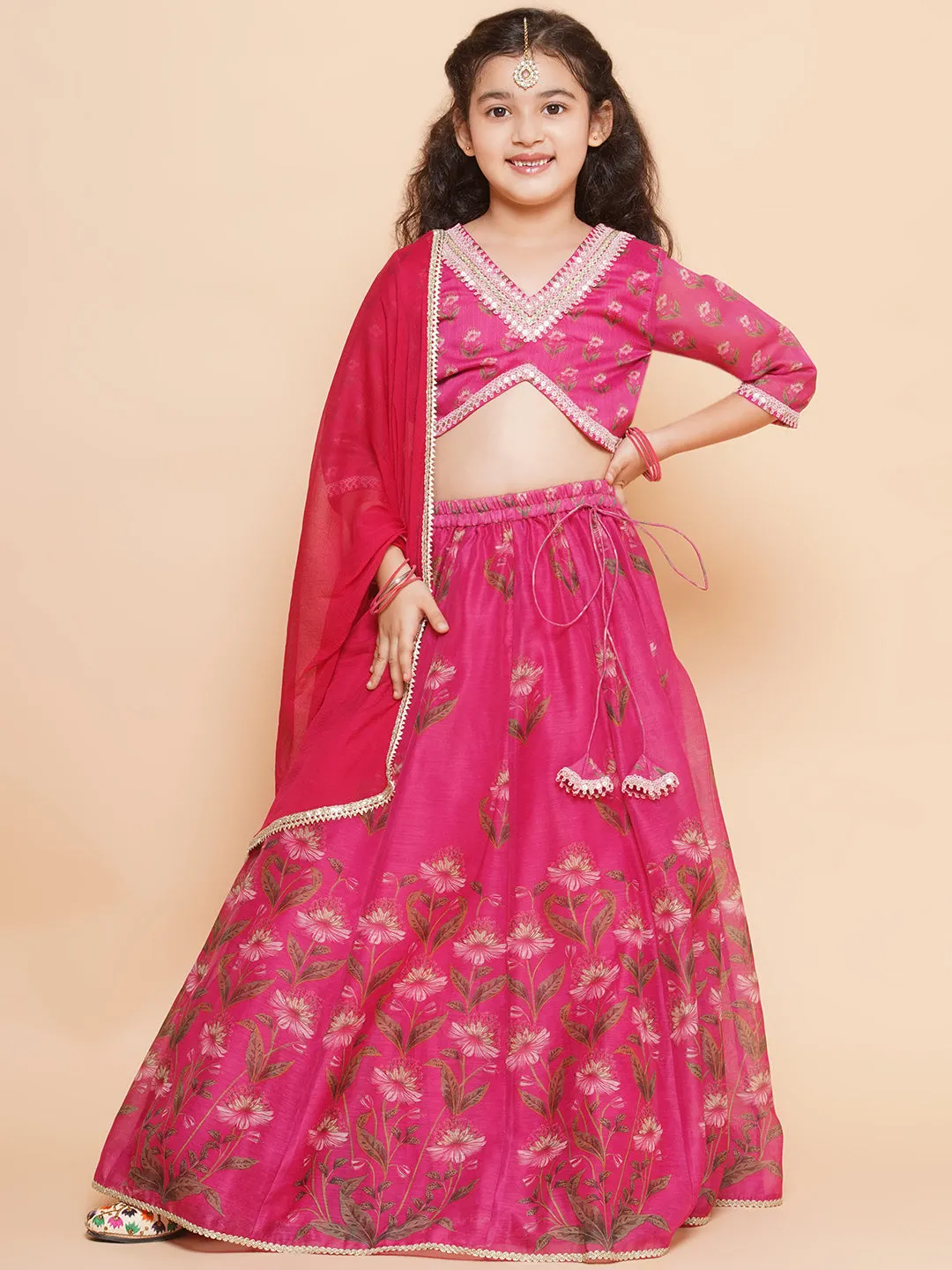 Girls Dark Pink Floral Printed Ready to Wear Lehenga & Blouse With Dupatta