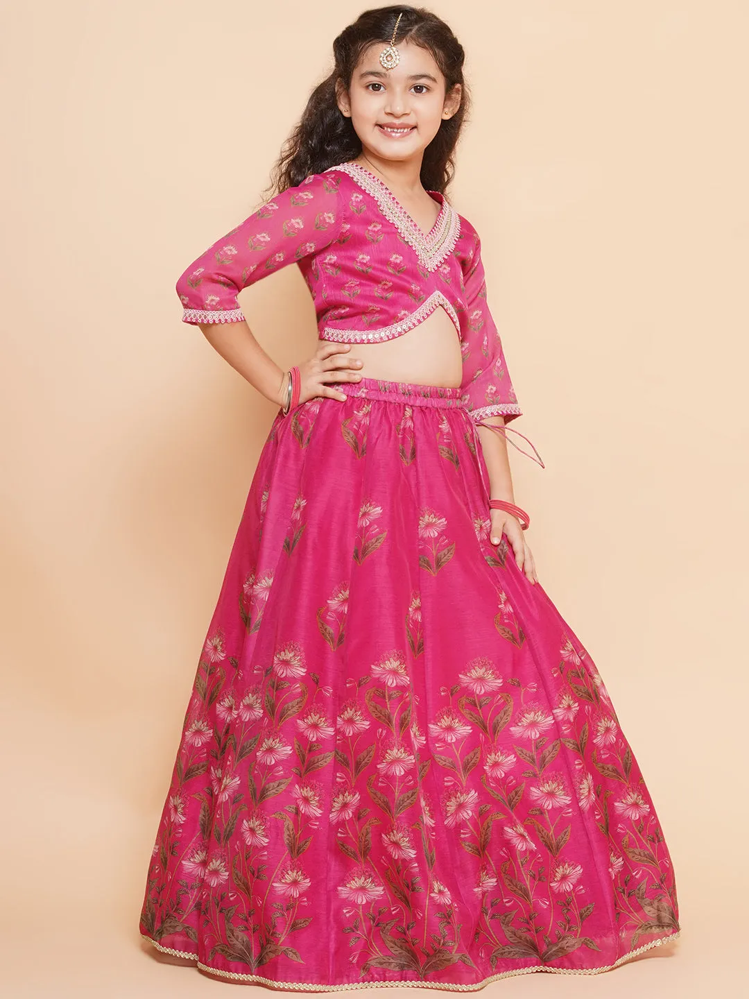 Girls Dark Pink Floral Printed Ready to Wear Lehenga & Blouse With Dupatta