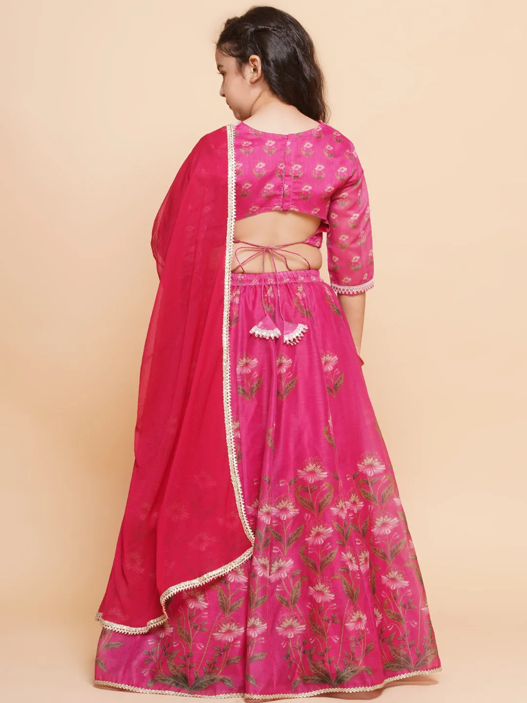 Girls Dark Pink Floral Printed Ready to Wear Lehenga & Blouse With Dupatta