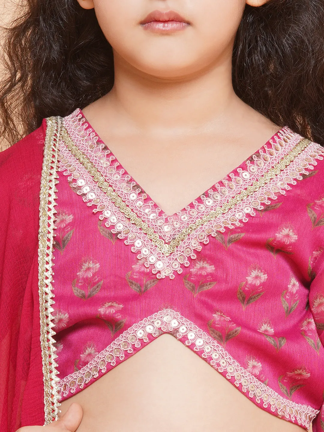 Girls Dark Pink Floral Printed Ready to Wear Lehenga & Blouse With Dupatta