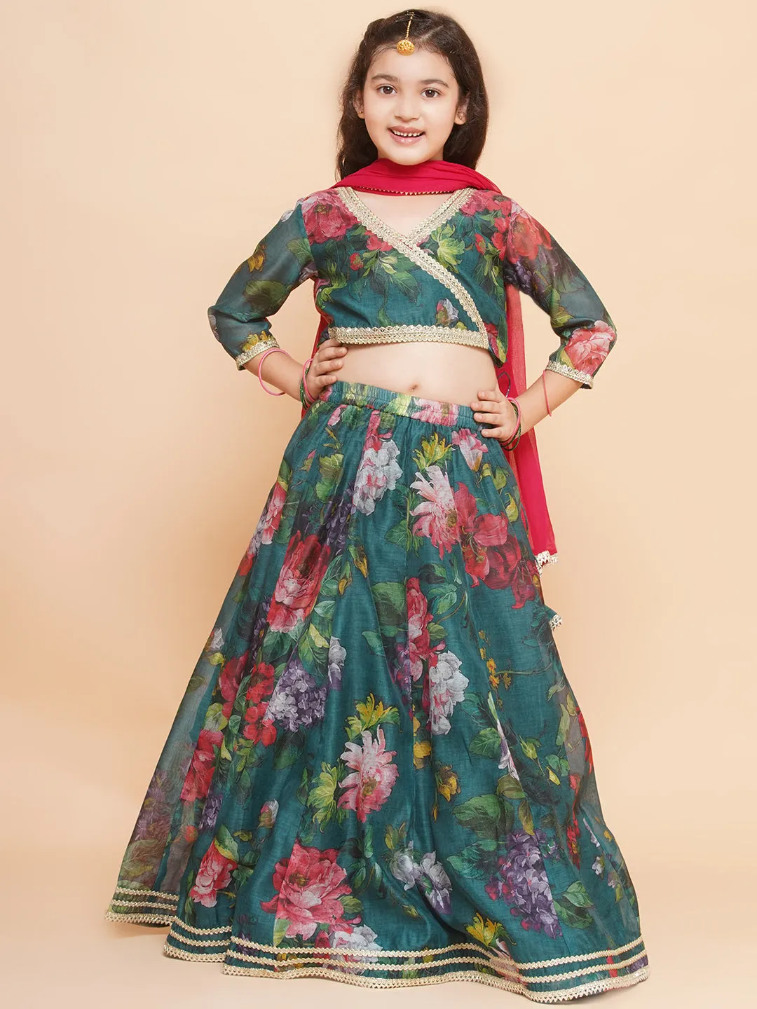 Girls Green Floral Printed Ready to Wear Lehenga & Blouse With Dupatta