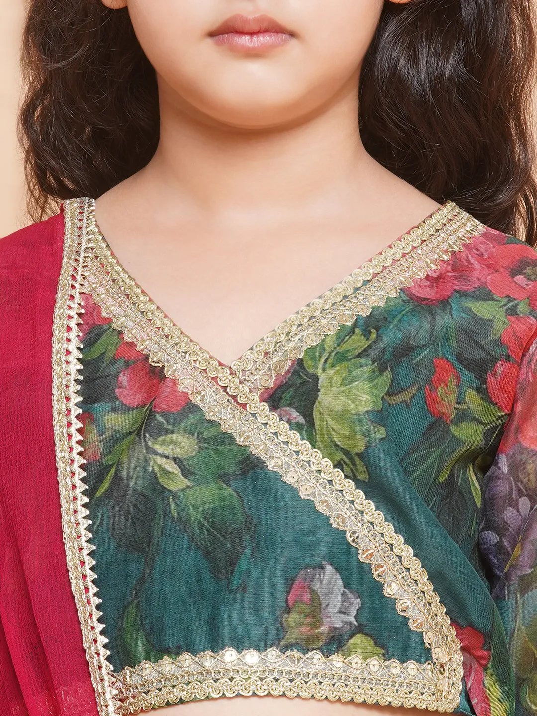 Girls Green Floral Printed Ready to Wear Lehenga & Blouse With Dupatta