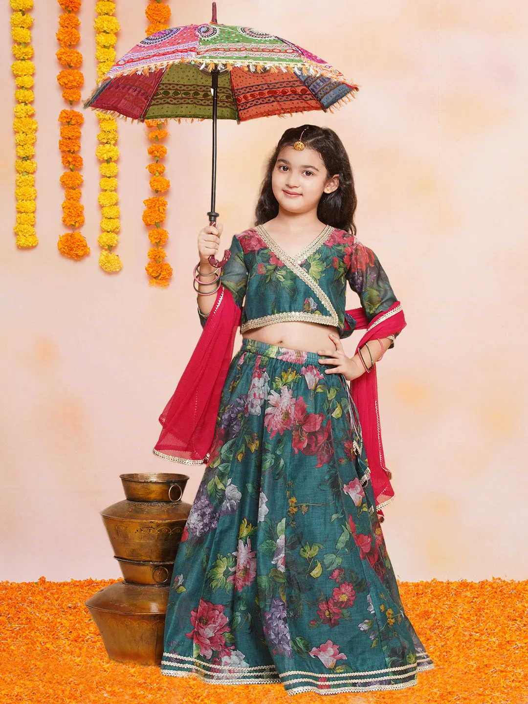 Girls Green Floral Printed Ready to Wear Lehenga & Blouse With Dupatta