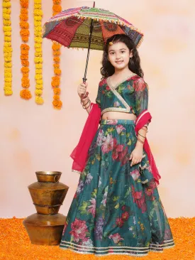 Girls Green Floral Printed Ready to Wear Lehenga & Blouse With Dupatta