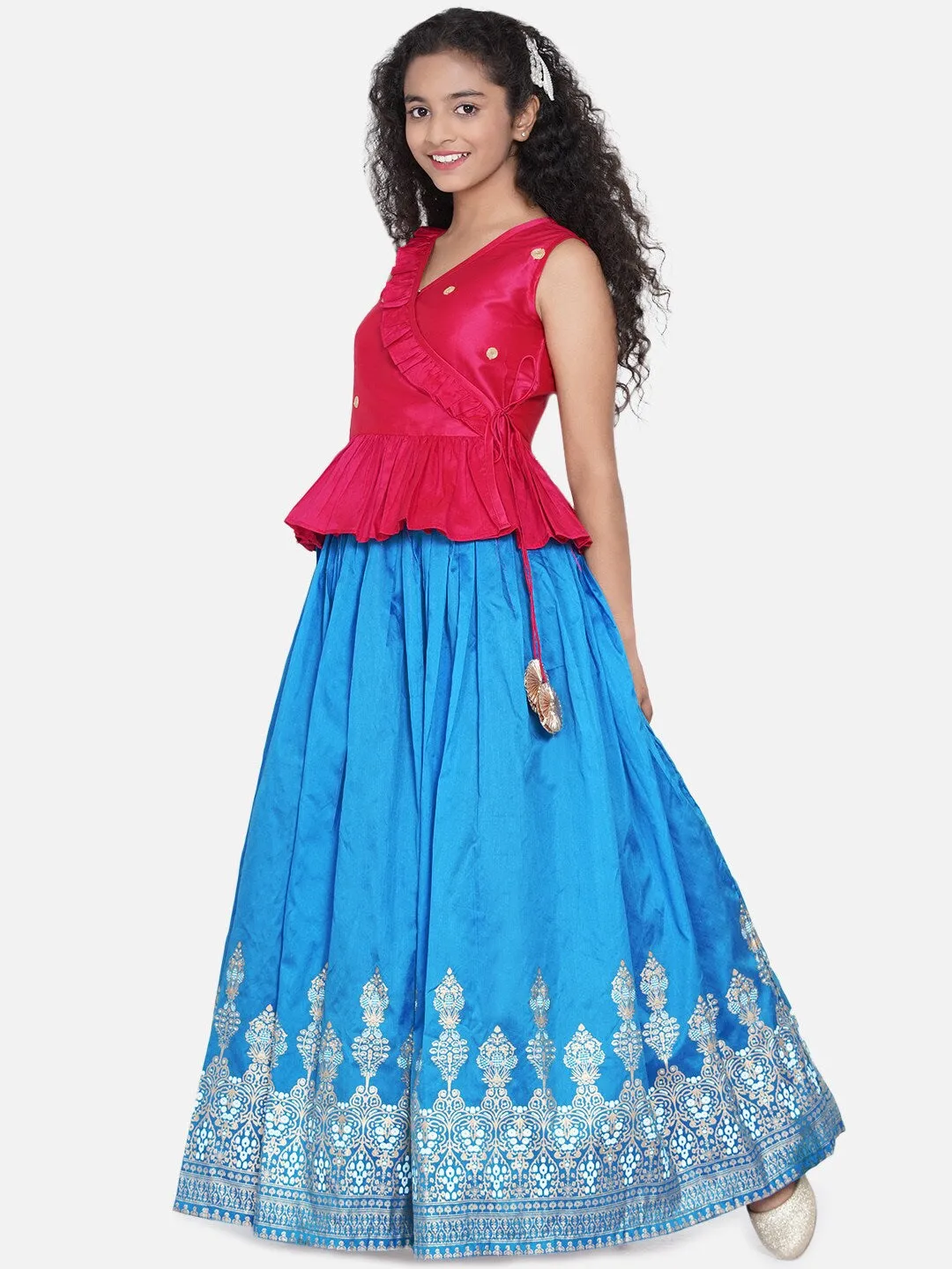 Girls Pink & Blue Embellished Khari Print Ready To Wear Lehenga