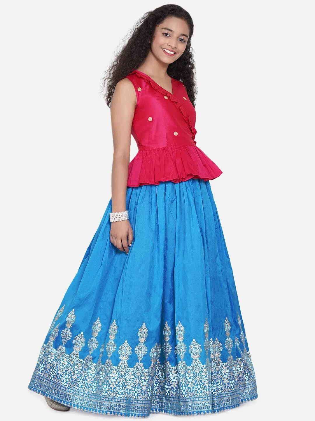 Girls Pink & Blue Embellished Khari Print Ready To Wear Lehenga